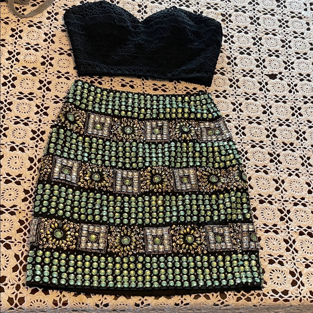 Elegant Beaded Black and Green Skirt and top Rachel Allan